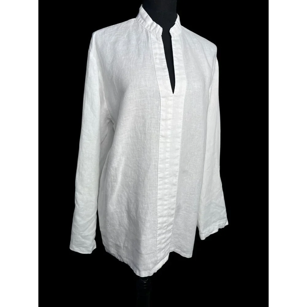 Island Imports 100% Linen Long Sleeve Tunic Blouse Womens M White RESORTWEAR - Picture 2 of 9